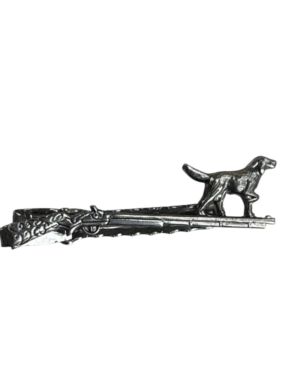 Vintage Silver Tone Hunting Dog & Rifle Tie Clip Bar Perfect for collectors